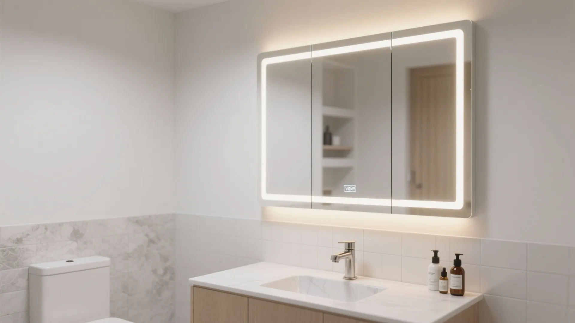 Wall-mounted mirrored cabinets with integrated lighting