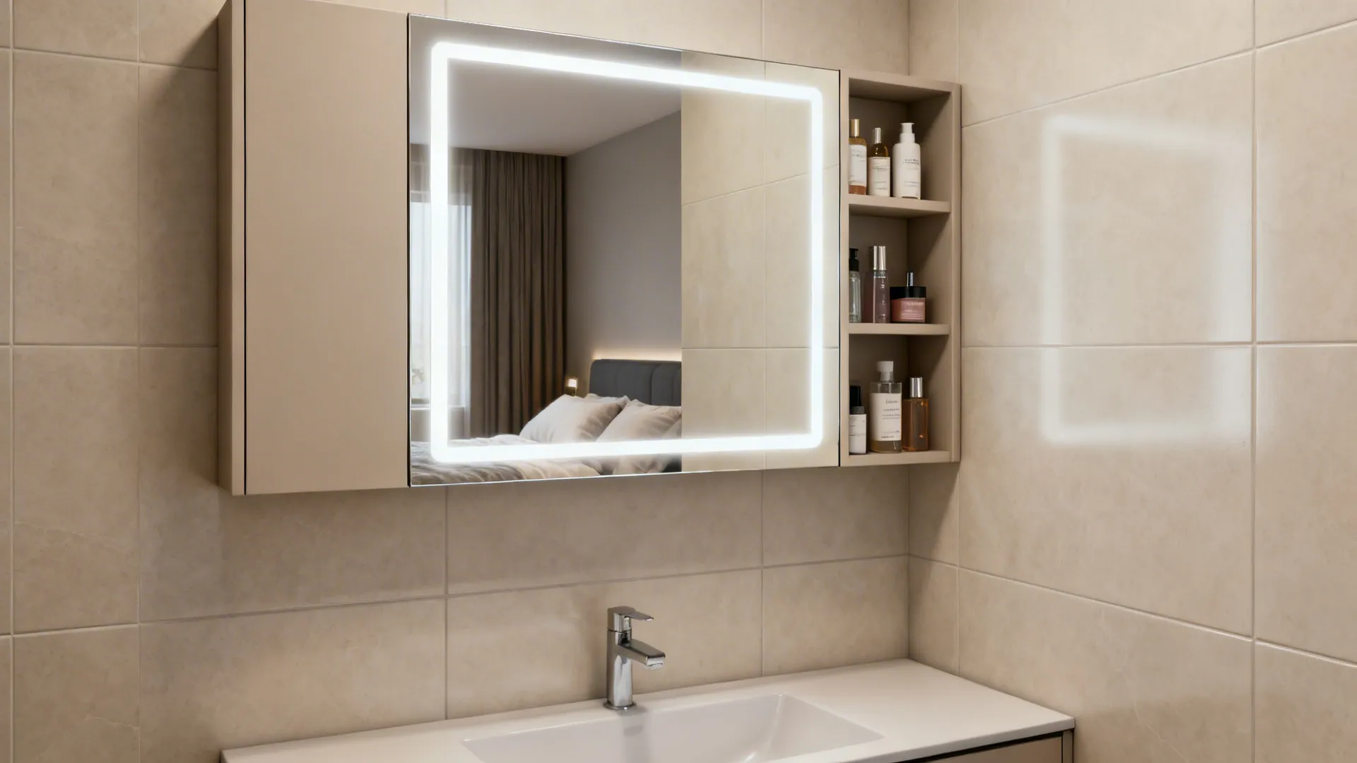 Mirrored cabinet with built-in LEDs providing daylight-balanced illumination for shared spaces.
