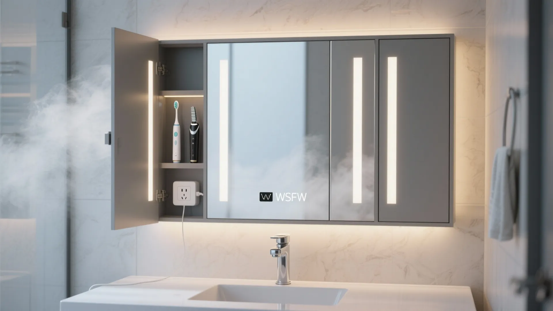 5) Mirrored Wall Cabinets with Anti-Fog and Power Inside