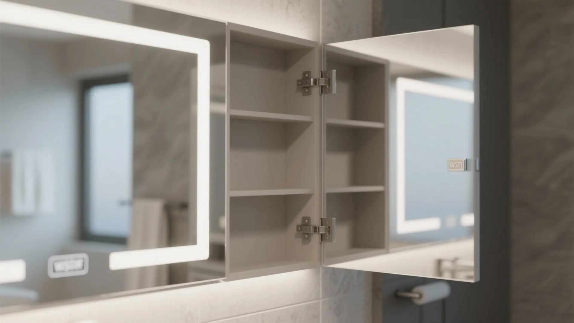 Mirrored bathroom cabinet with open hidden shelves