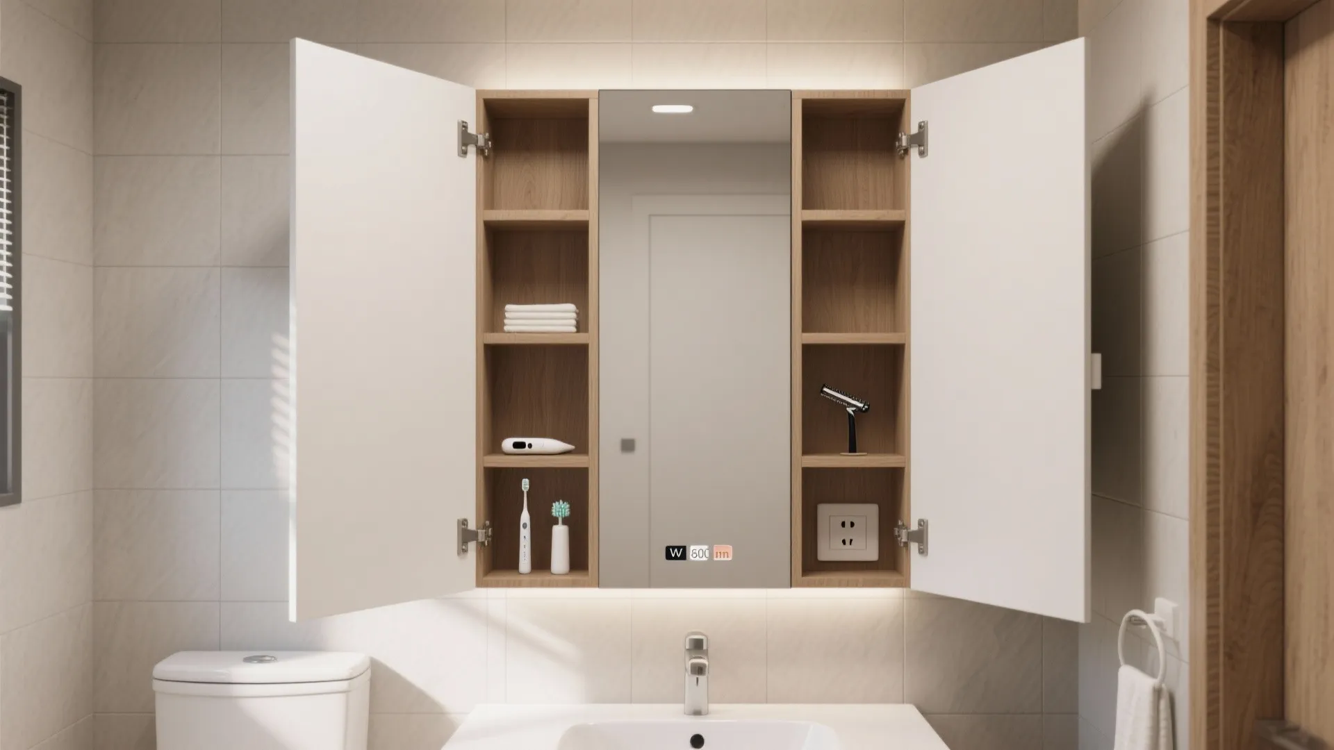 Open wall cabinet with wooden shelves holding towels and toothbrushes behind a bathroom mirror doors