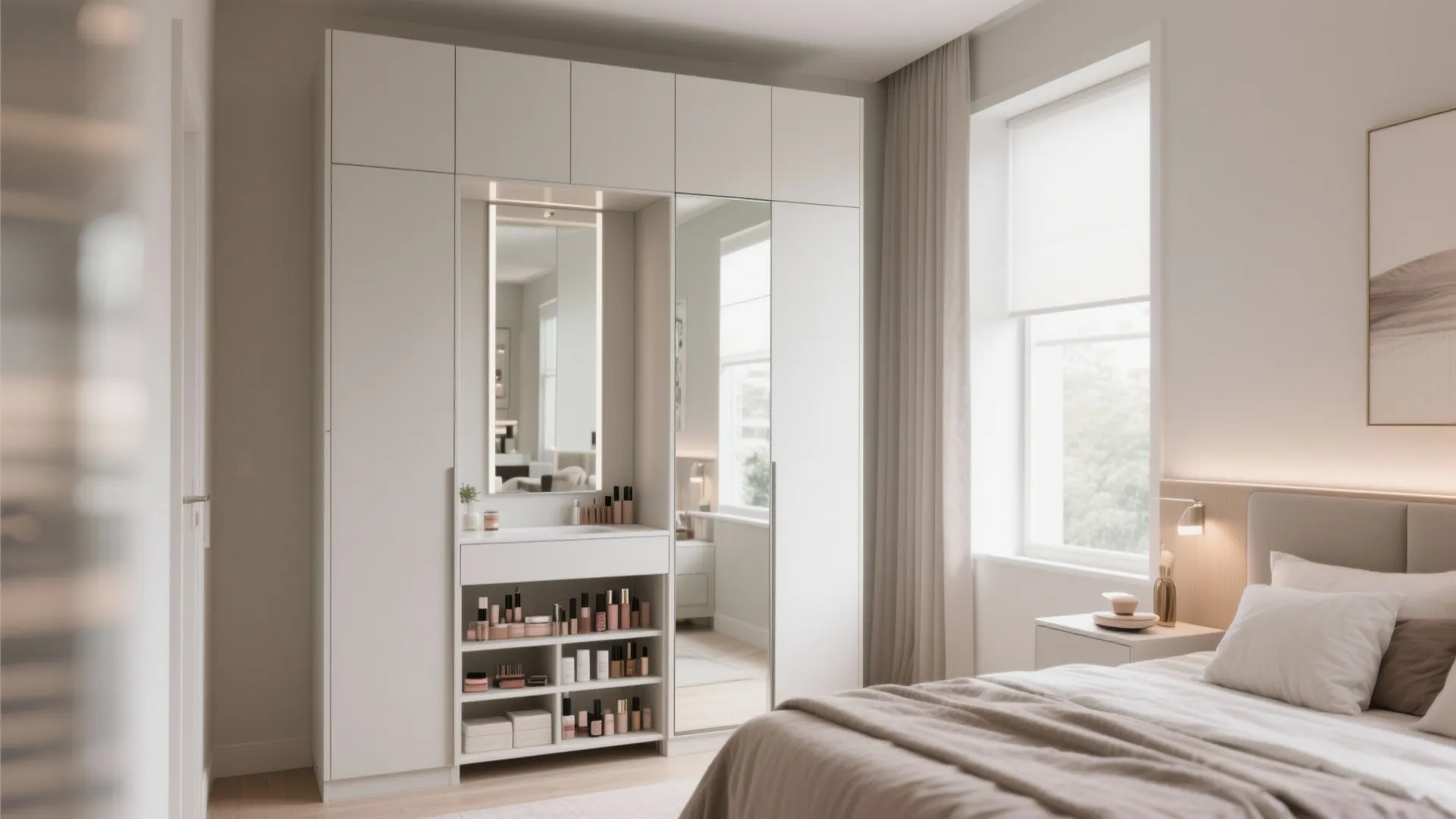 Modern white bedroom wardrobe featuring built in makeup vanity with light mirror and cosmetics storage