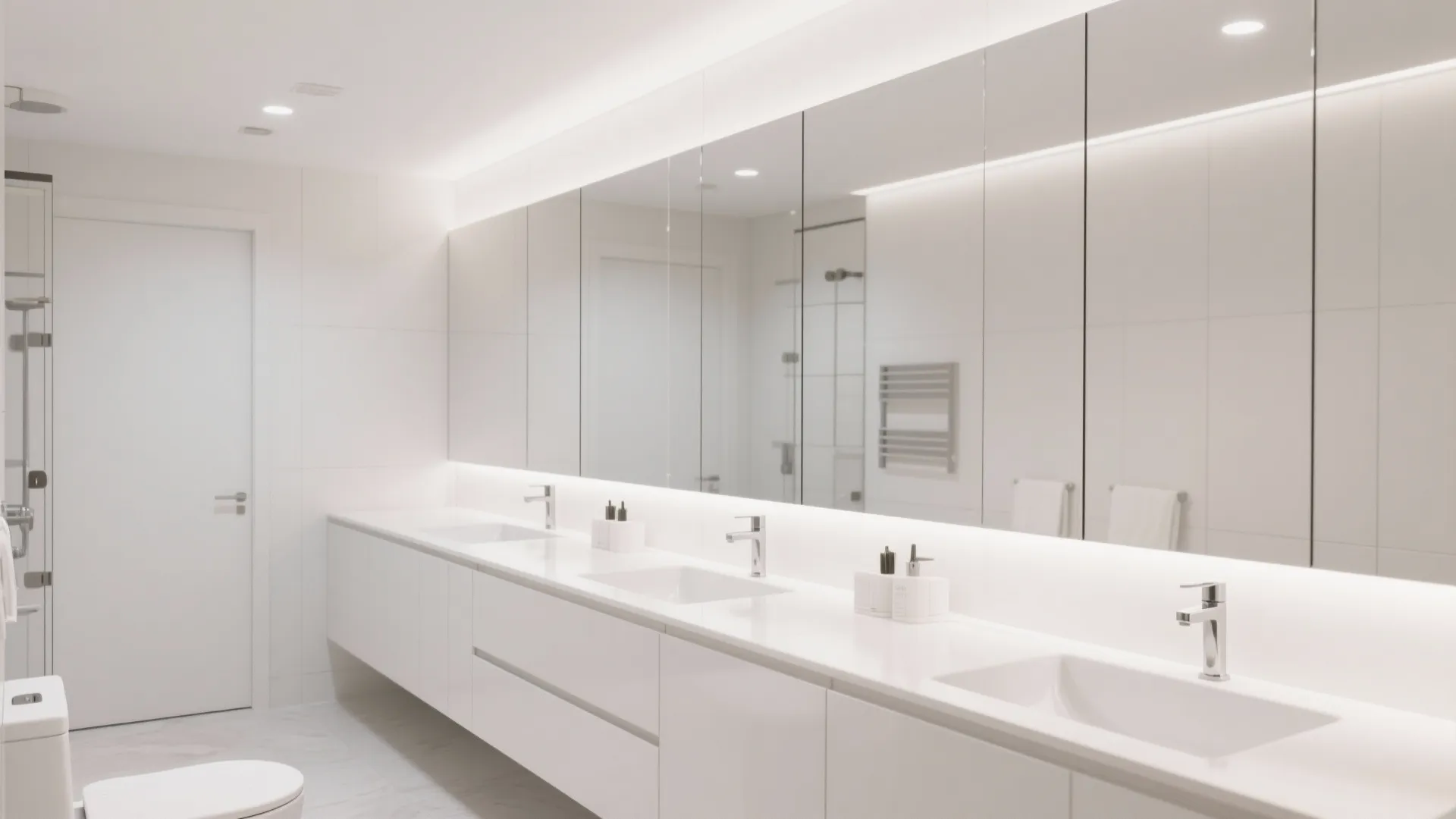 Minimalist all white bathroom with a long vanity counter multiple sinks and a large mirrored wall