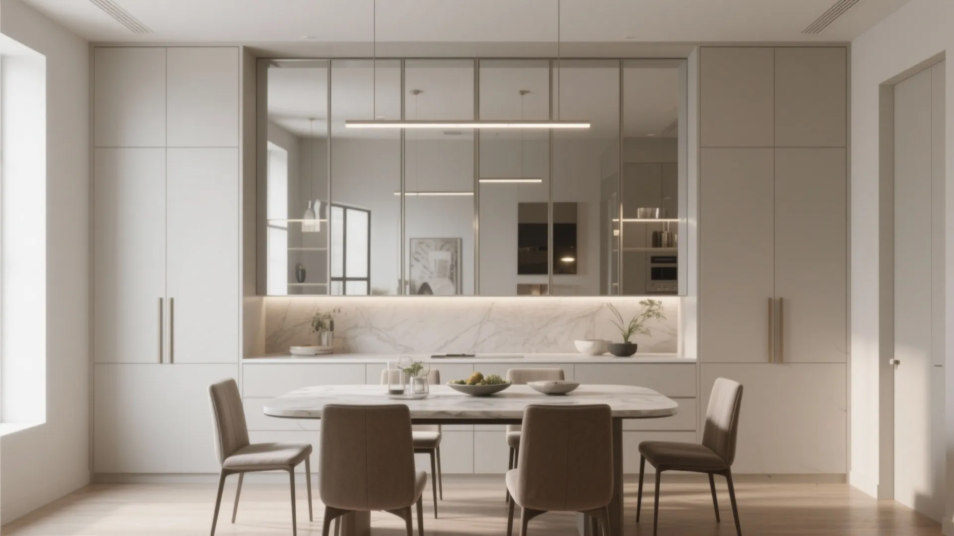 Modern dining room featuring marble table with beige chairs and cream cabinets with mirrored section