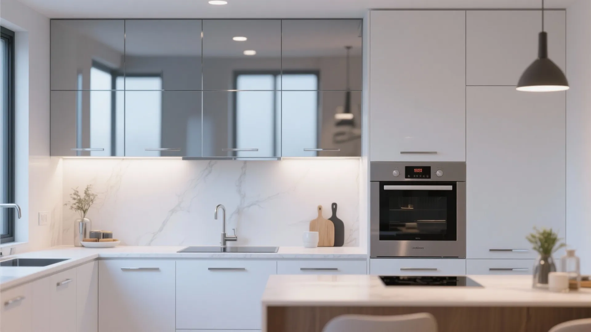 Bright modern kitchen with white cabinets mirrored wall units built in oven and marble wall tiles