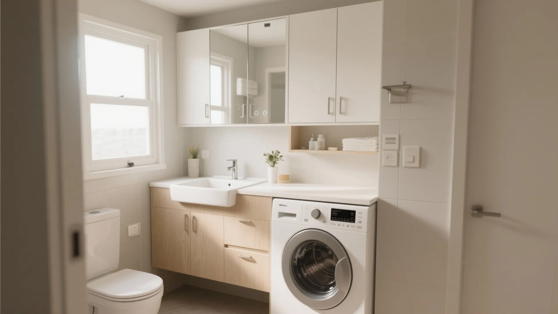Mirrored cabinet doors above sink in small bathroom