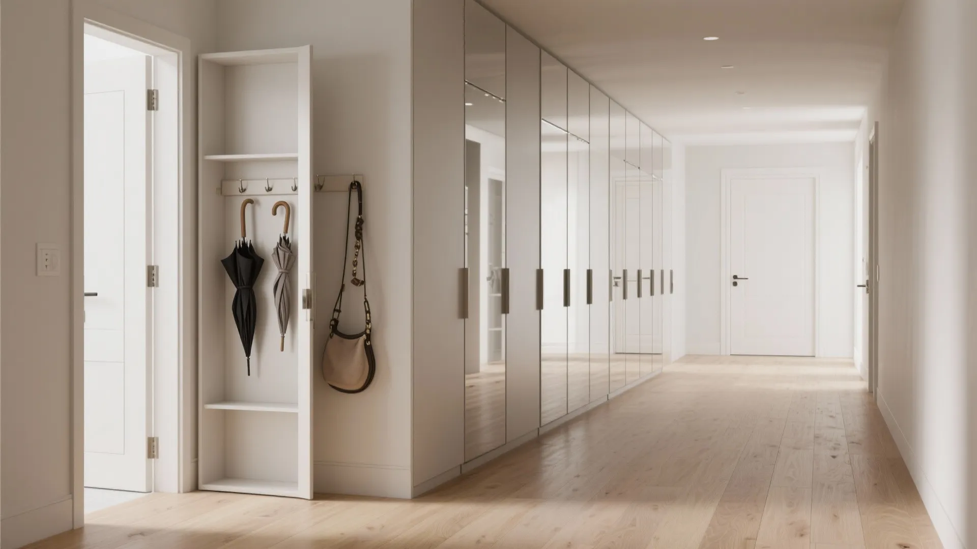 Mirror-wall storage with shallow cabinets