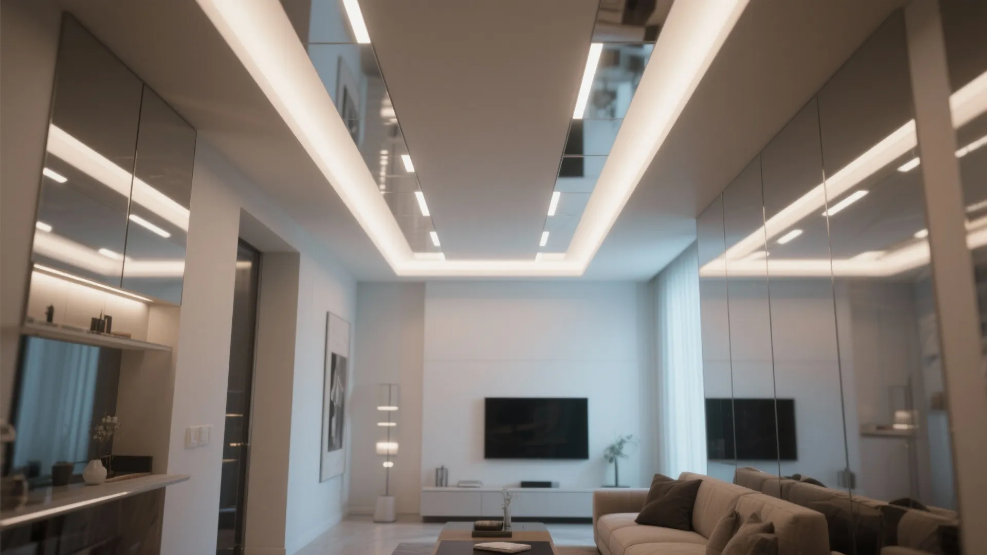 Modern living room with mirrored ceiling design bright light strips white sofa and wall television