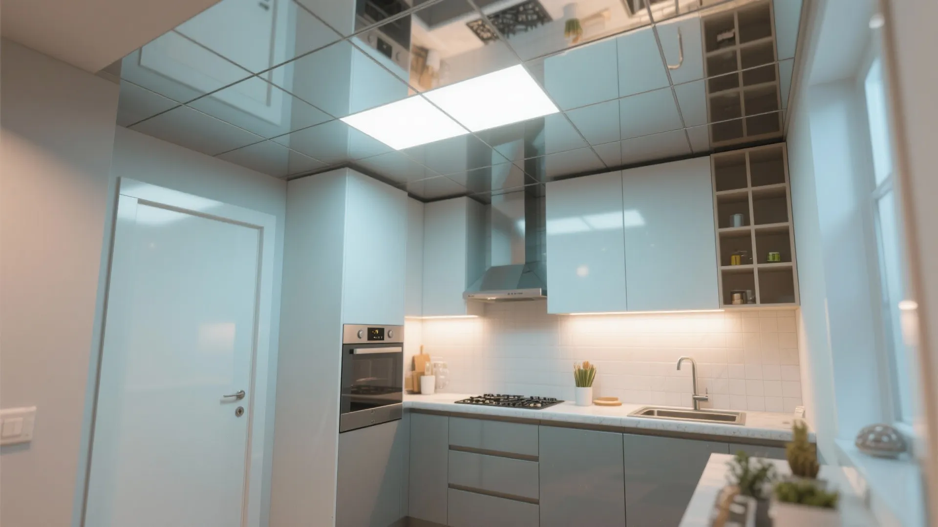 Kitchen design with grey cabinets white walls mirrored ceiling tiles light fixture and small plants