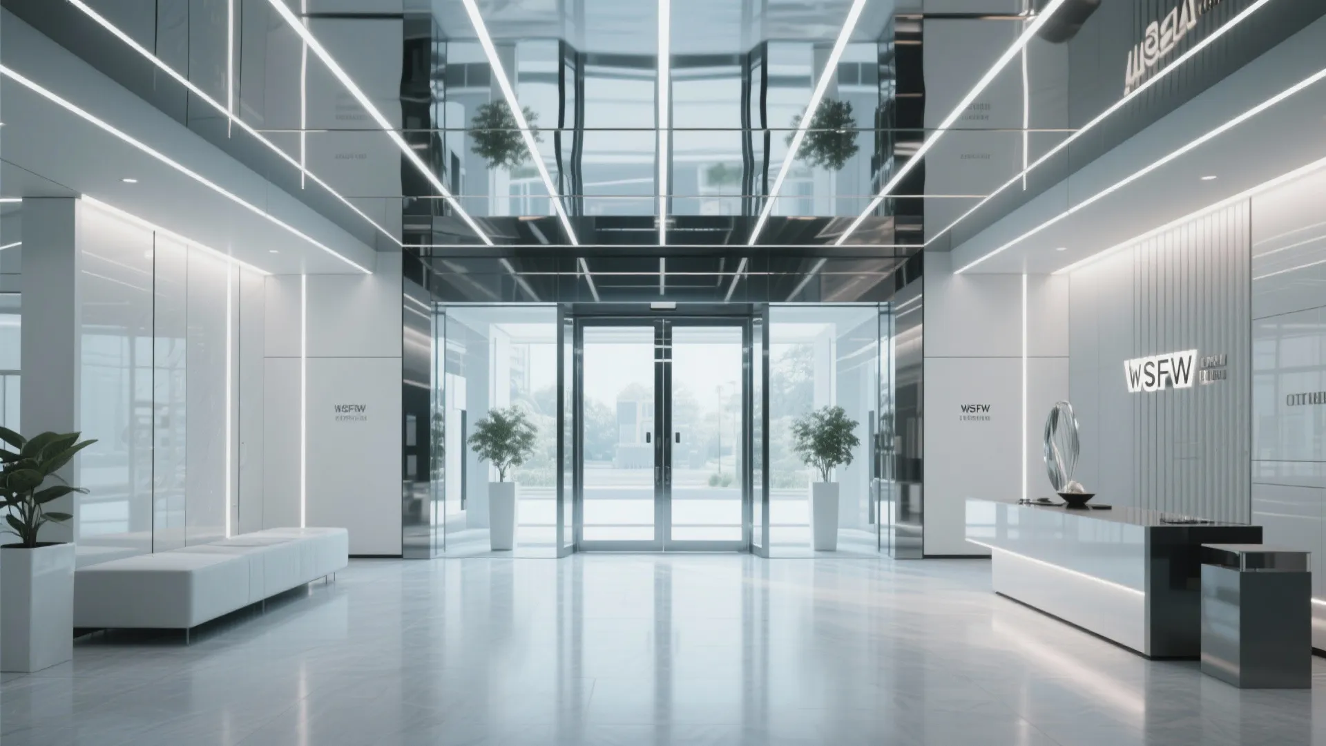 Mirrored ceiling panels make a lobby feel larger
