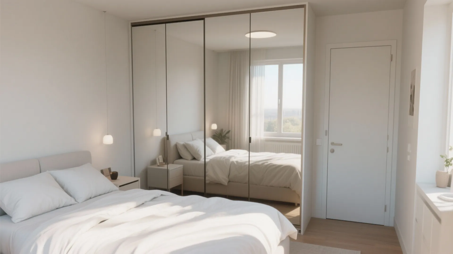 Bright bedroom interior design drawing with large mirrored sliding door cabinet and white bed sheets