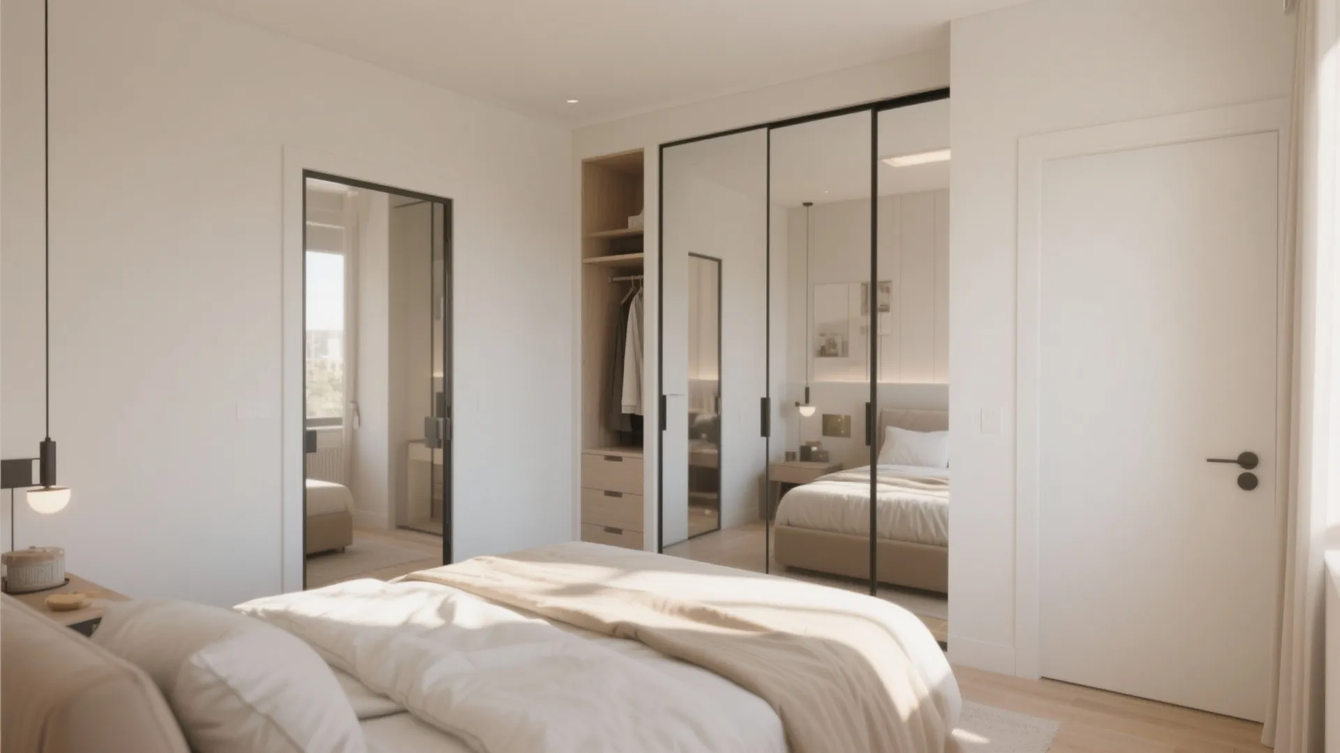 Modern white bedroom featuring a large mirrored cabinet and black frame glass door interior design
