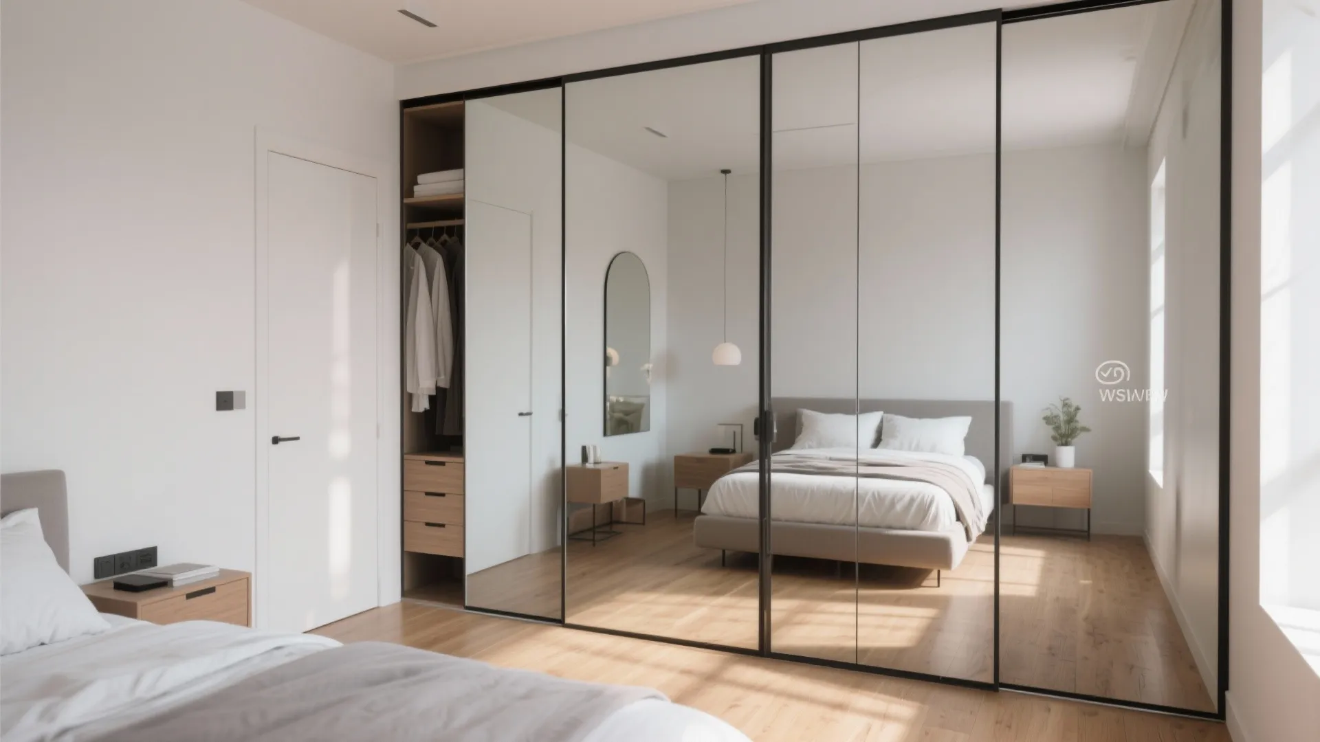 Large floor to ceiling mirrored closet doors in a bright modern bedroom with wood flooring
