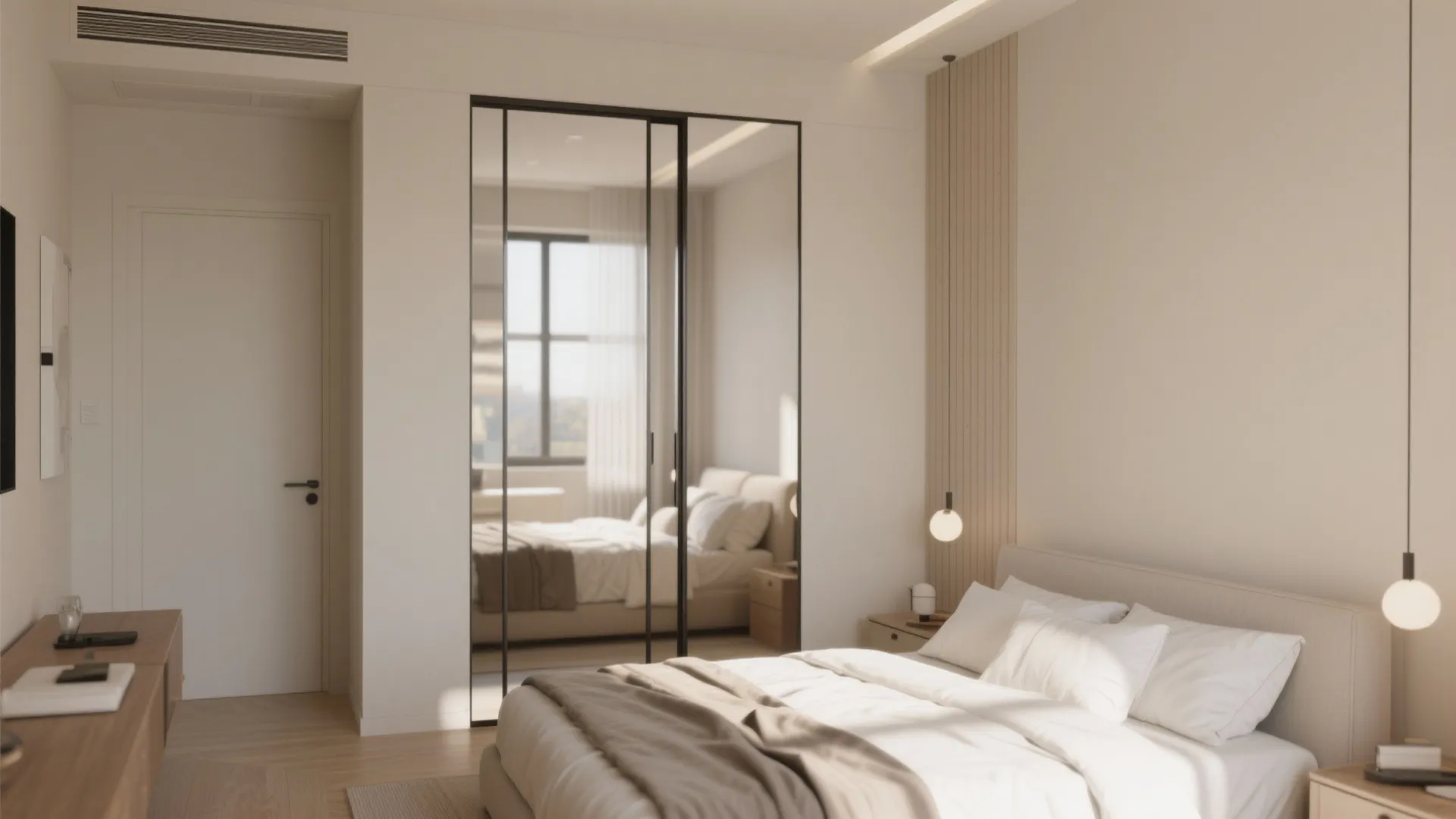 Modern bedroom with sliding mirror closet doors reflecting a bed under warm indoor light fixtures