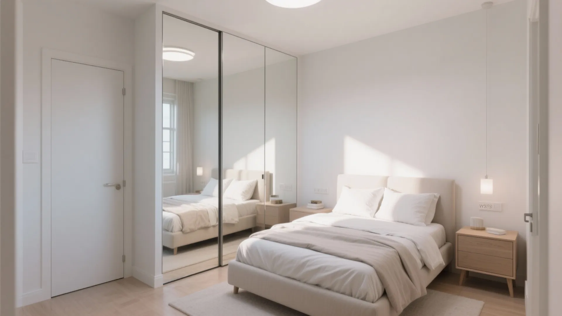Modern bedroom featuring a large floor to ceiling mirrored cabinet white bed and wood floor