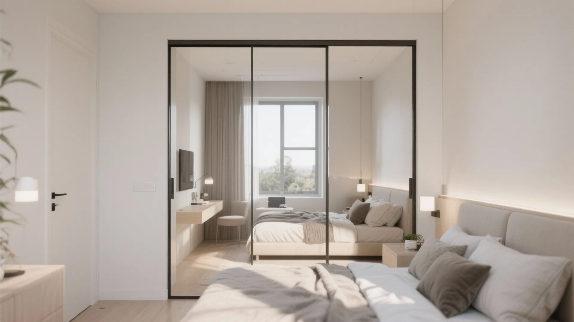 Modern bedroom interior design featuring large floor to ceiling mirrors reflecting the bed and window