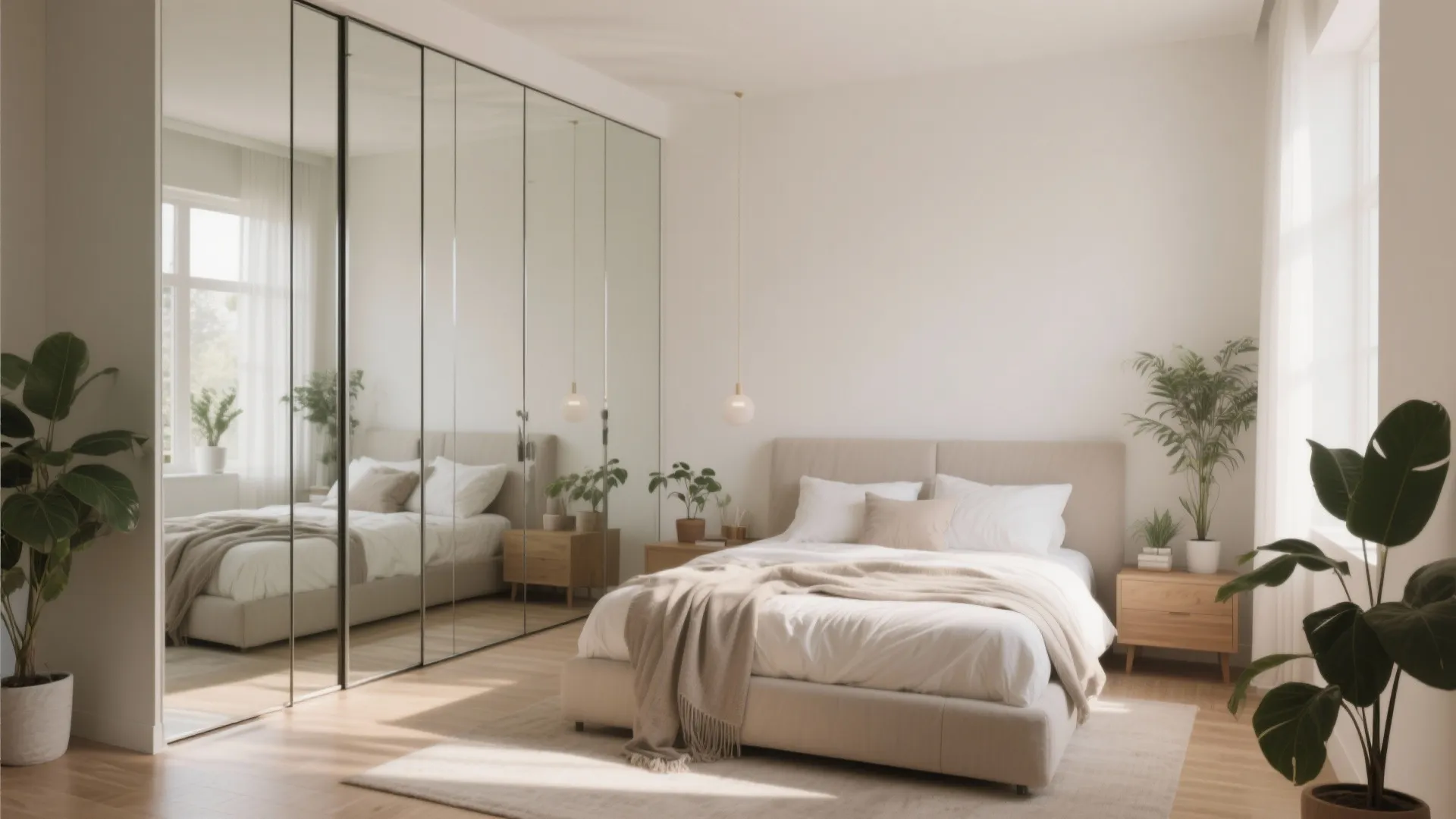 Bright modern bedroom featuring large mirrored sliding doors on cabinet with beige bed and plants