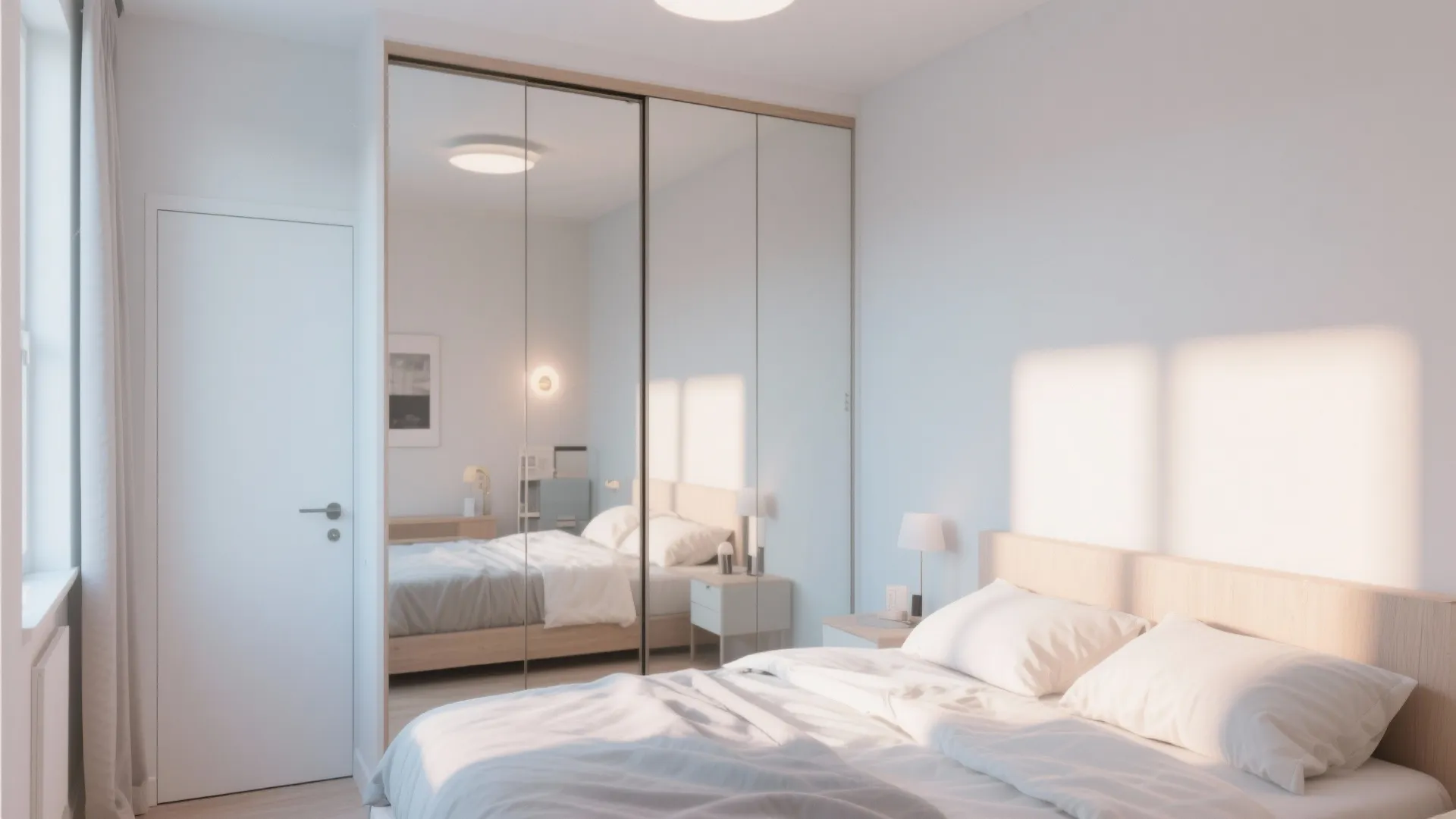 Modern white bedroom featuring large mirrored sliding cabinet doors reflecting a bed with white bedding