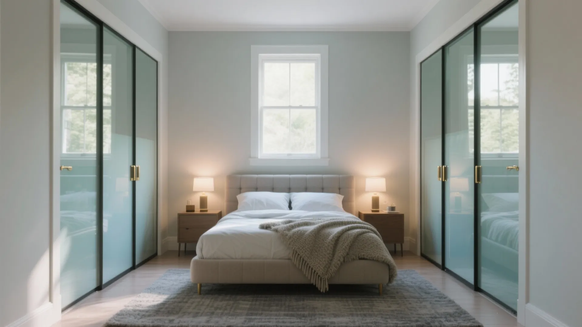 Modern bedroom featuring a grey bed flanked by two glass door cabinets and a window