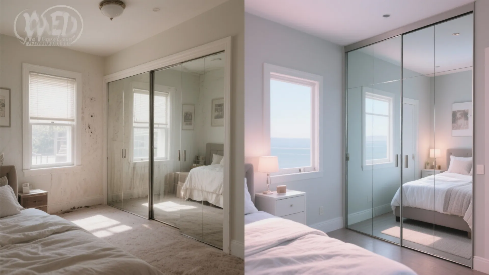 Before and after comparison of a bedroom showing a mirrored sliding door cabinet and windows