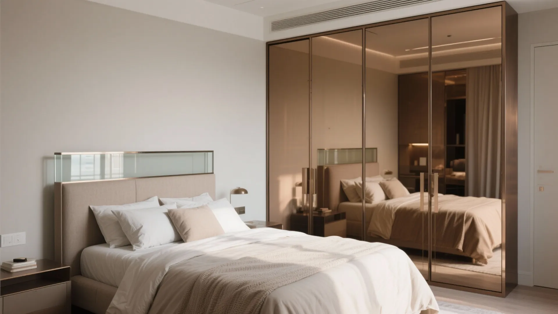 3) Mirrored Closets and Glass Headboard Detail for Visual Depth