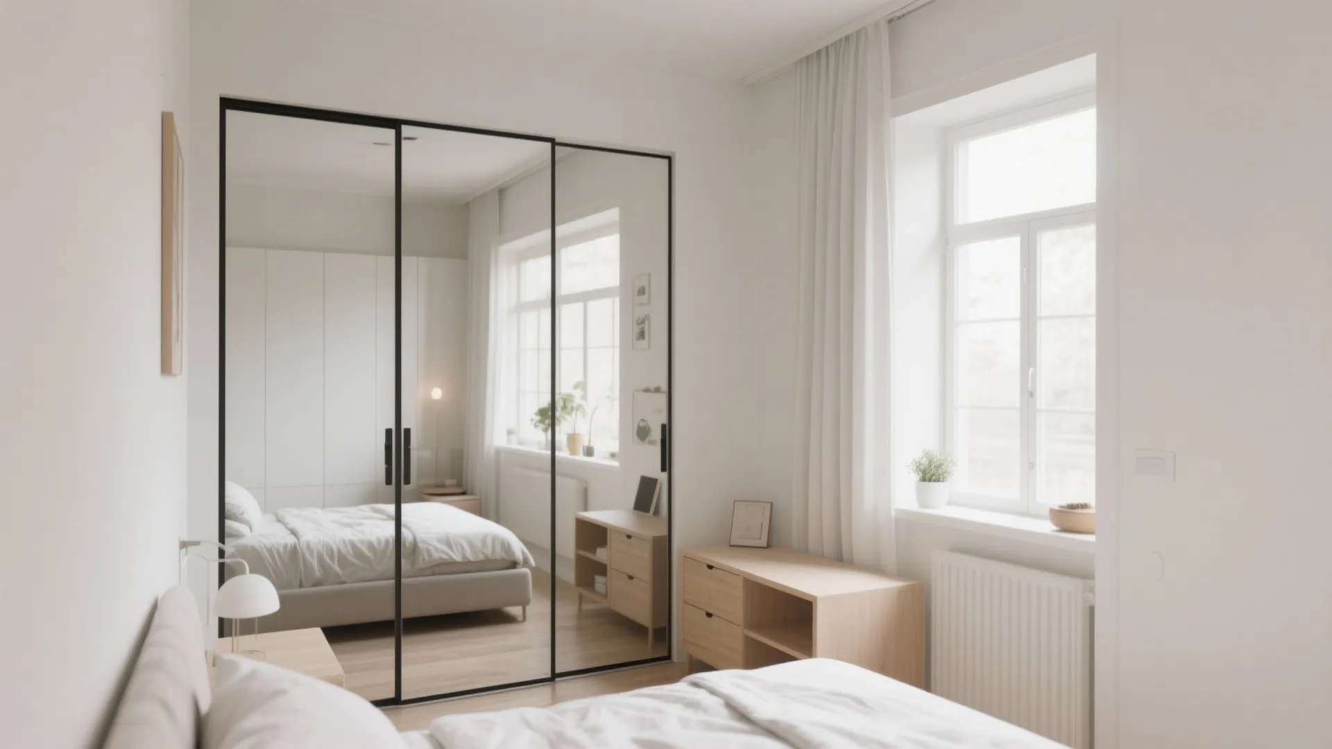 Bright minimalist bedroom with large sliding mirrored closet doors white bedding and a wood side cabinet