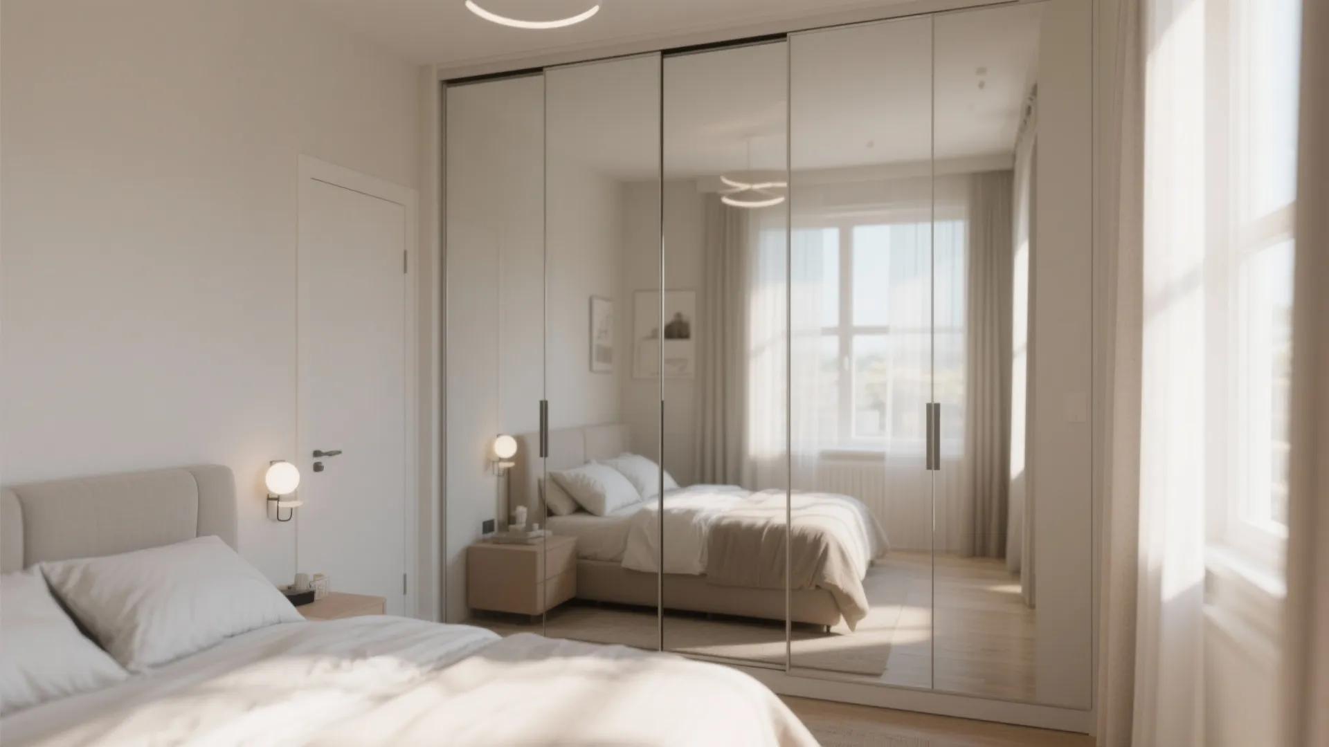 Full-height mirrored closet doors in a small bedroom