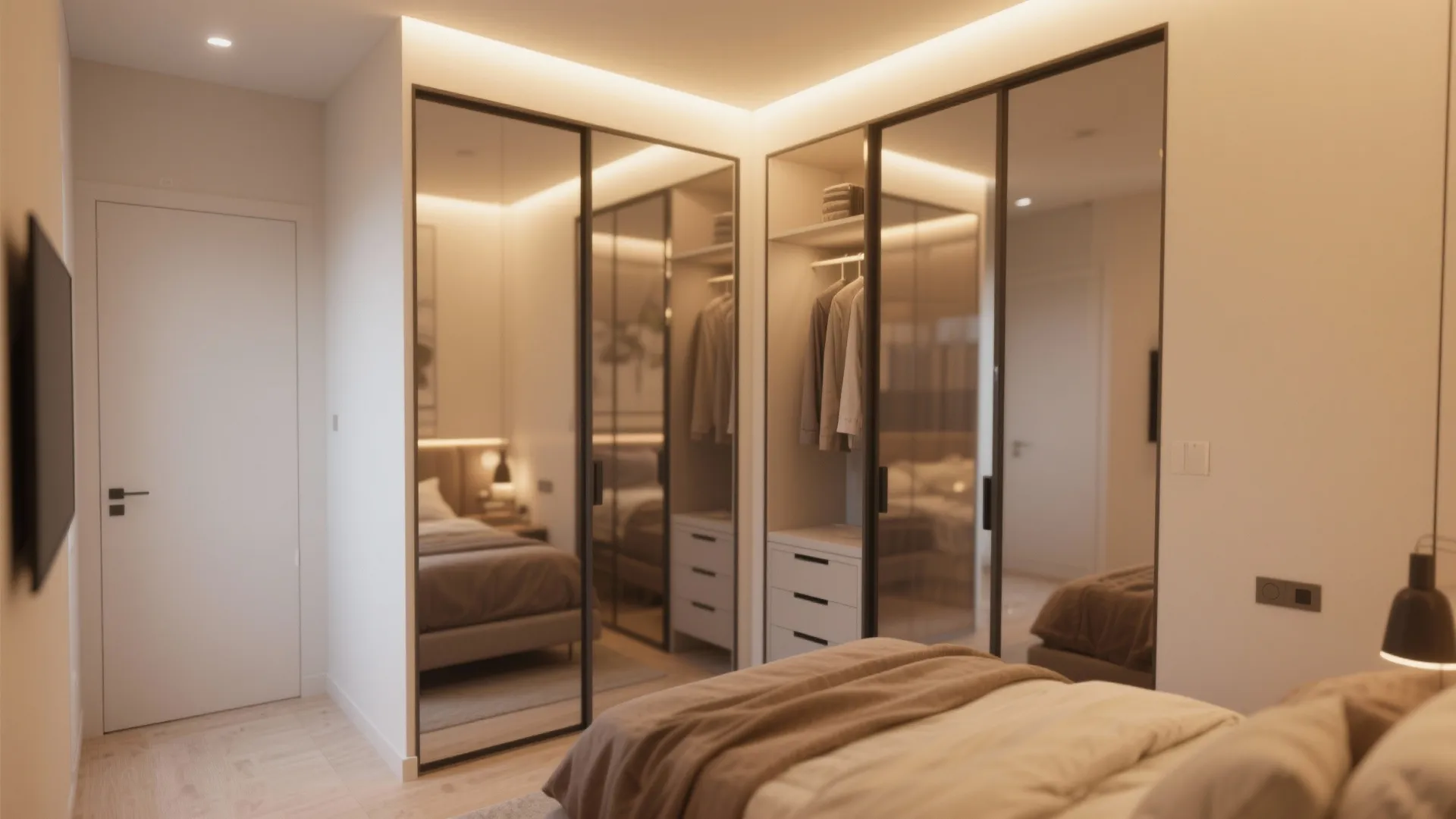 Modern bedroom featuring large mirrored closet doors reflecting a cozy bed with warm ceiling lights