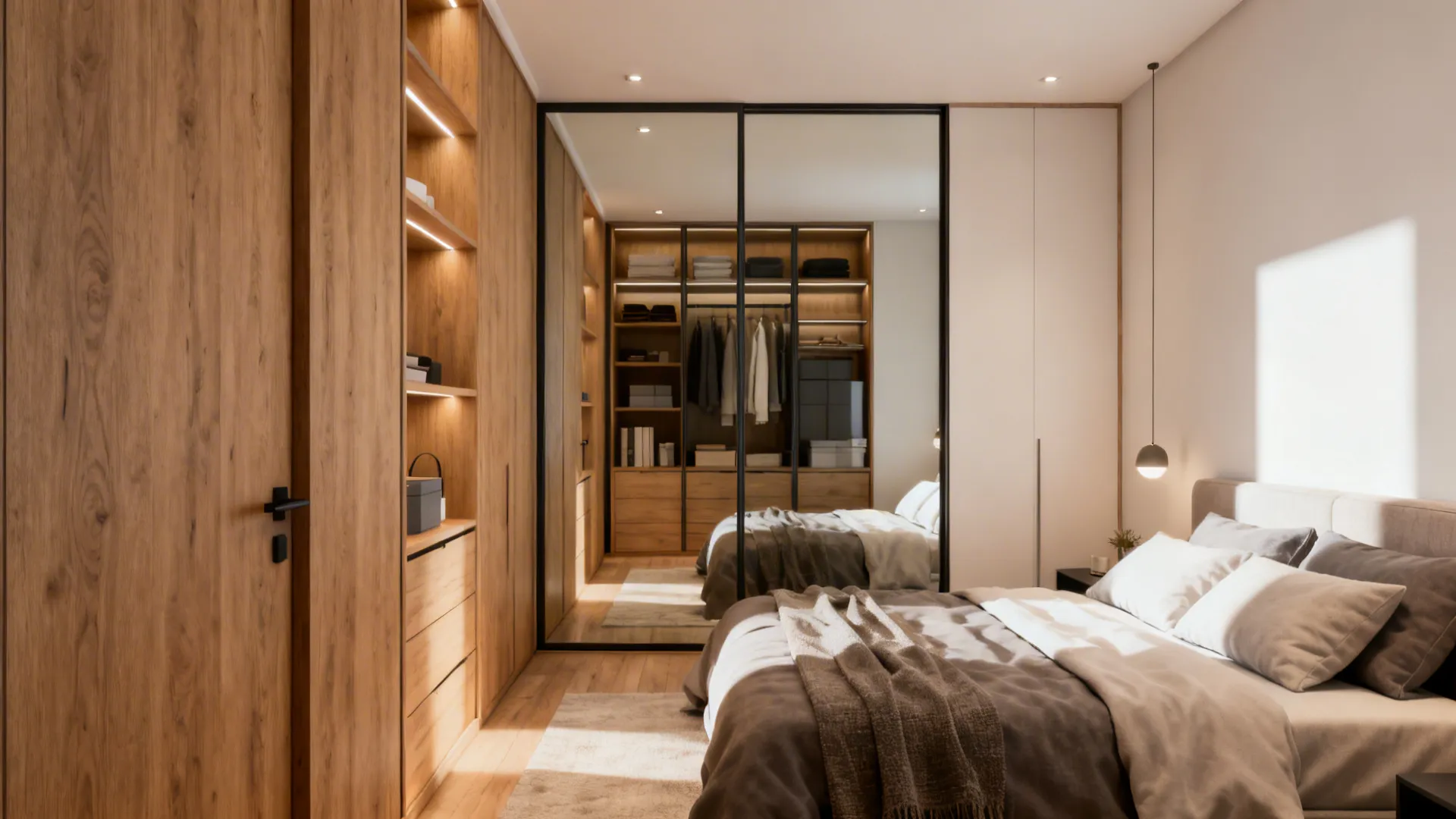 Small bedroom with mirrored closet doors reflecting the space to make it feel larger