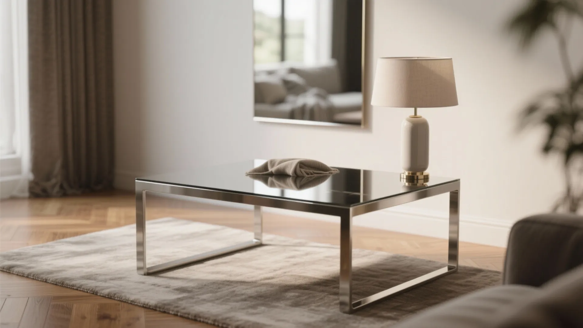 Modern glass coffee table with metal frame on rug with a table lamp and mirror
