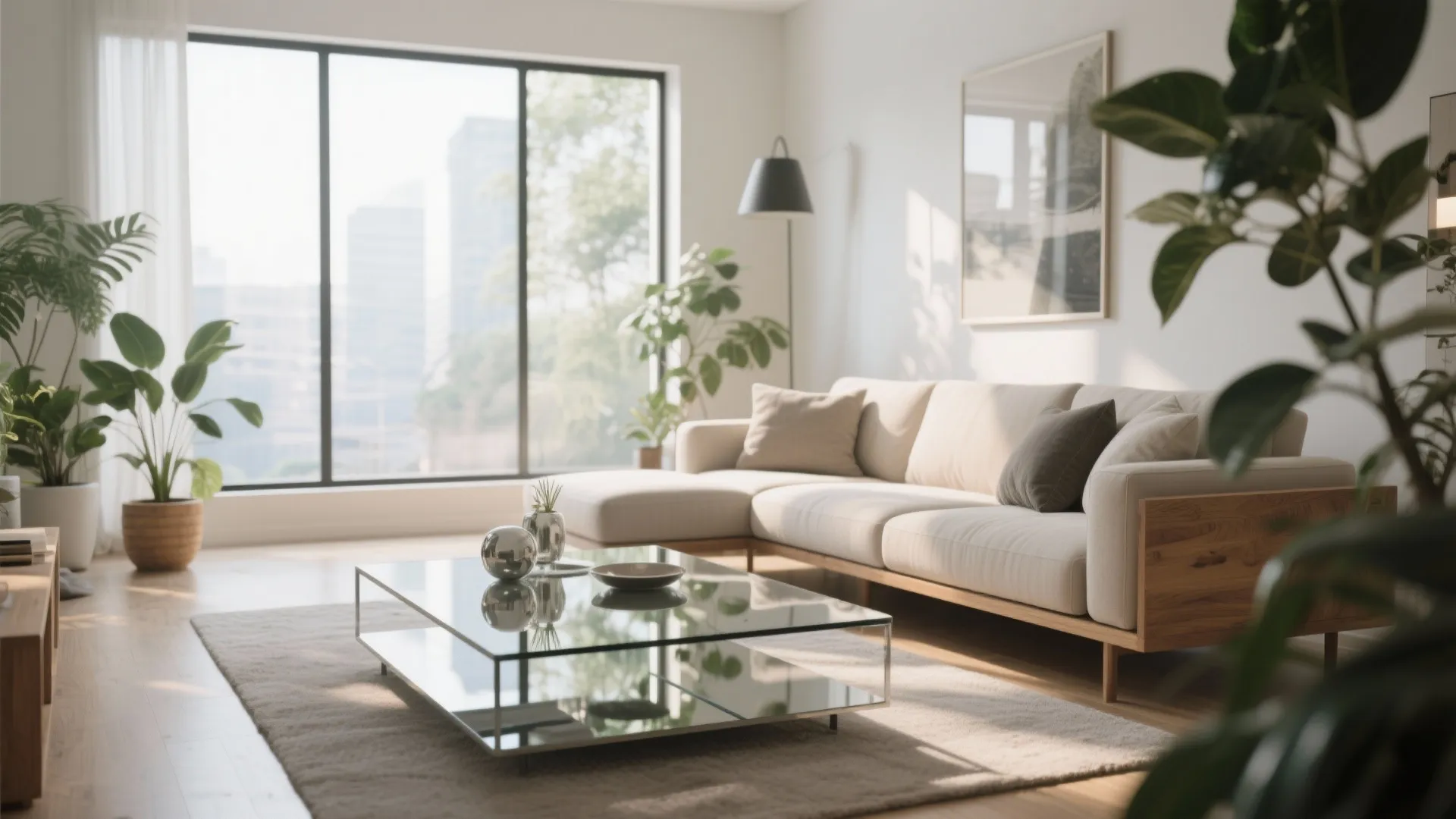 Mirrored coffee table reflecting light in bright living room