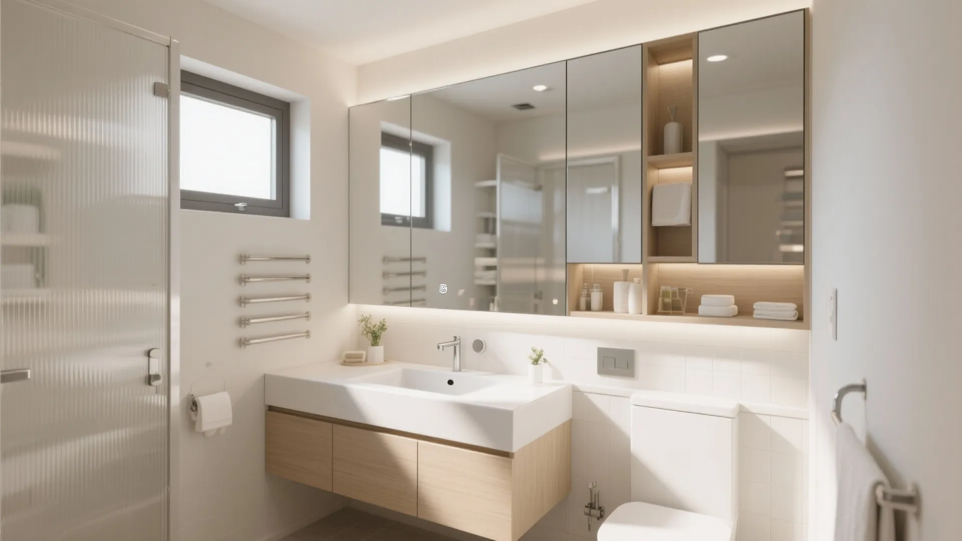 Modern bathroom with wooden cabinet white sink large mirror wall light toilet and small window
