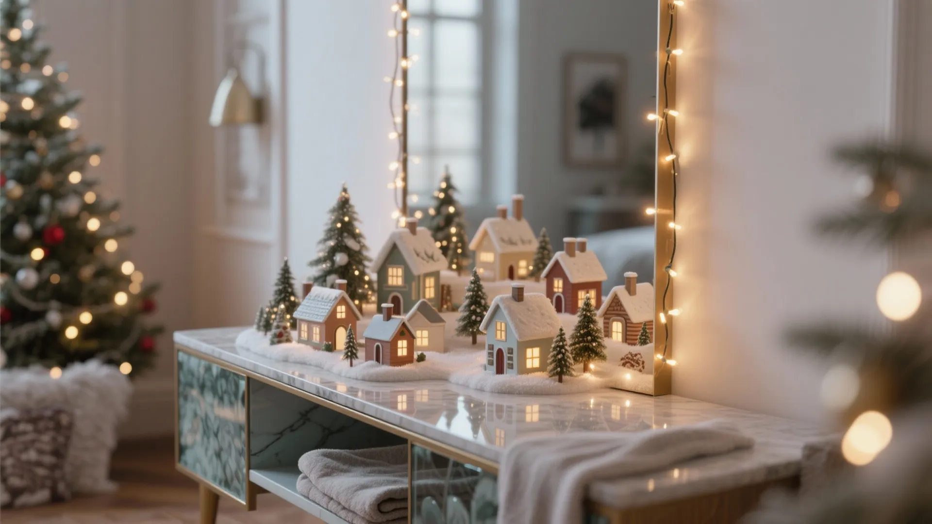 Snowy village scene on a marble cabinet with a mirror and glowing warm string lights