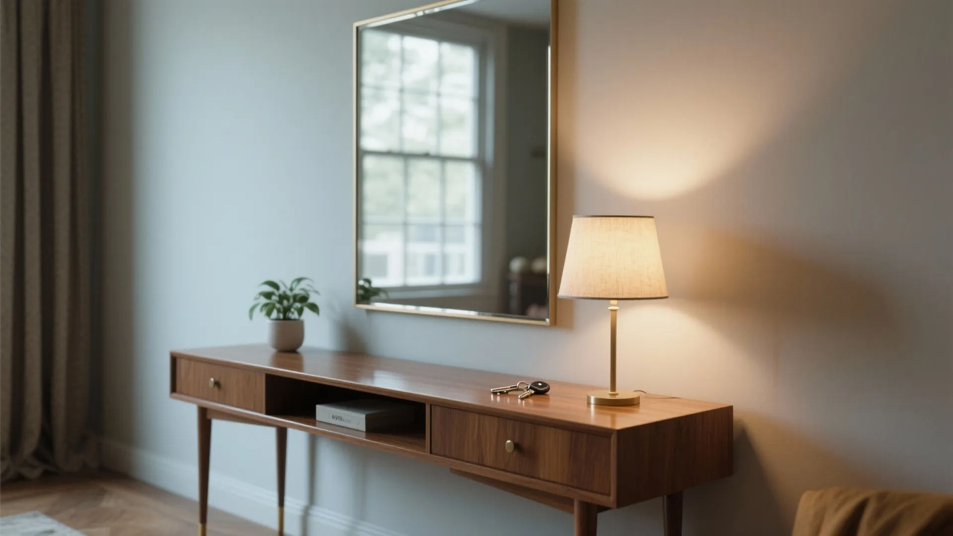 Wooden cabinet with mirror on wall featuring small green plant keys and a glowing table lamp