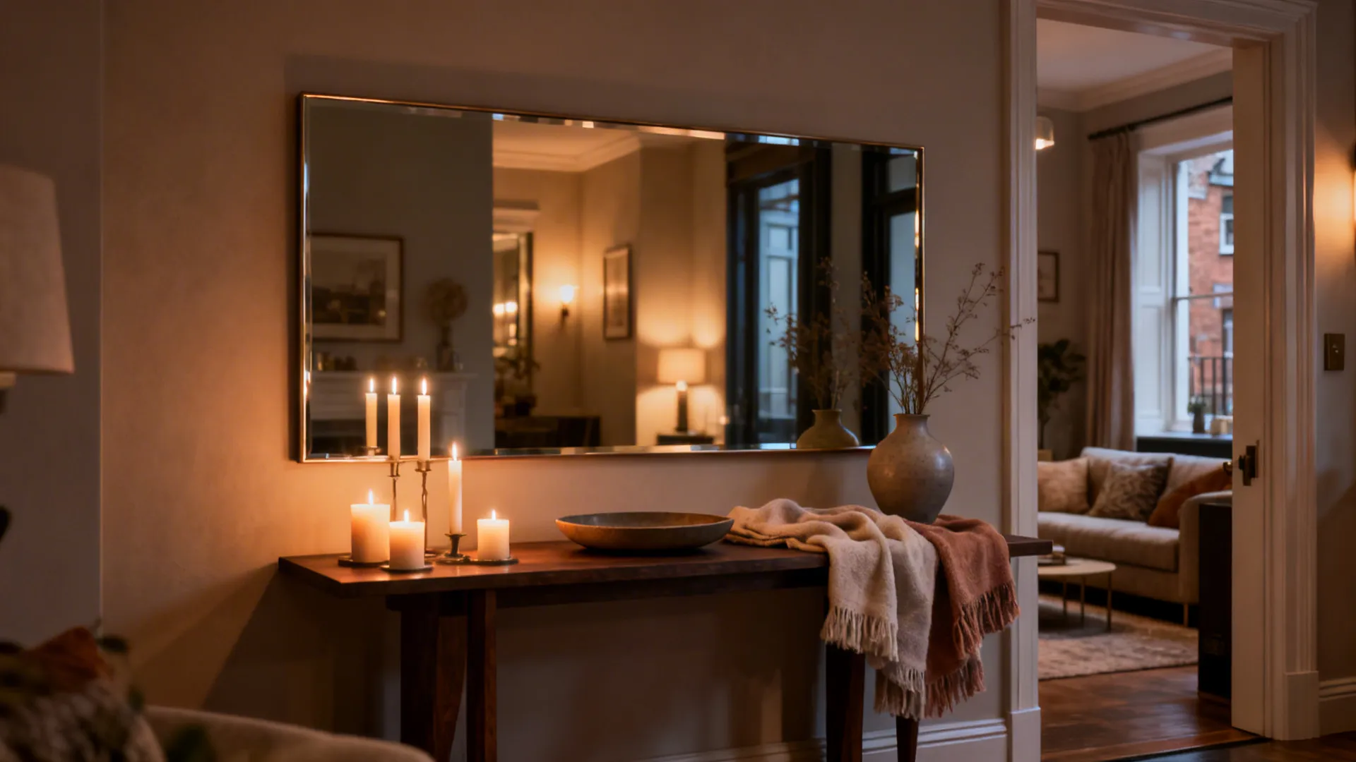 Large rectangular wall mirror hanging above a wooden cabinet with lit candles and decorative flower vase