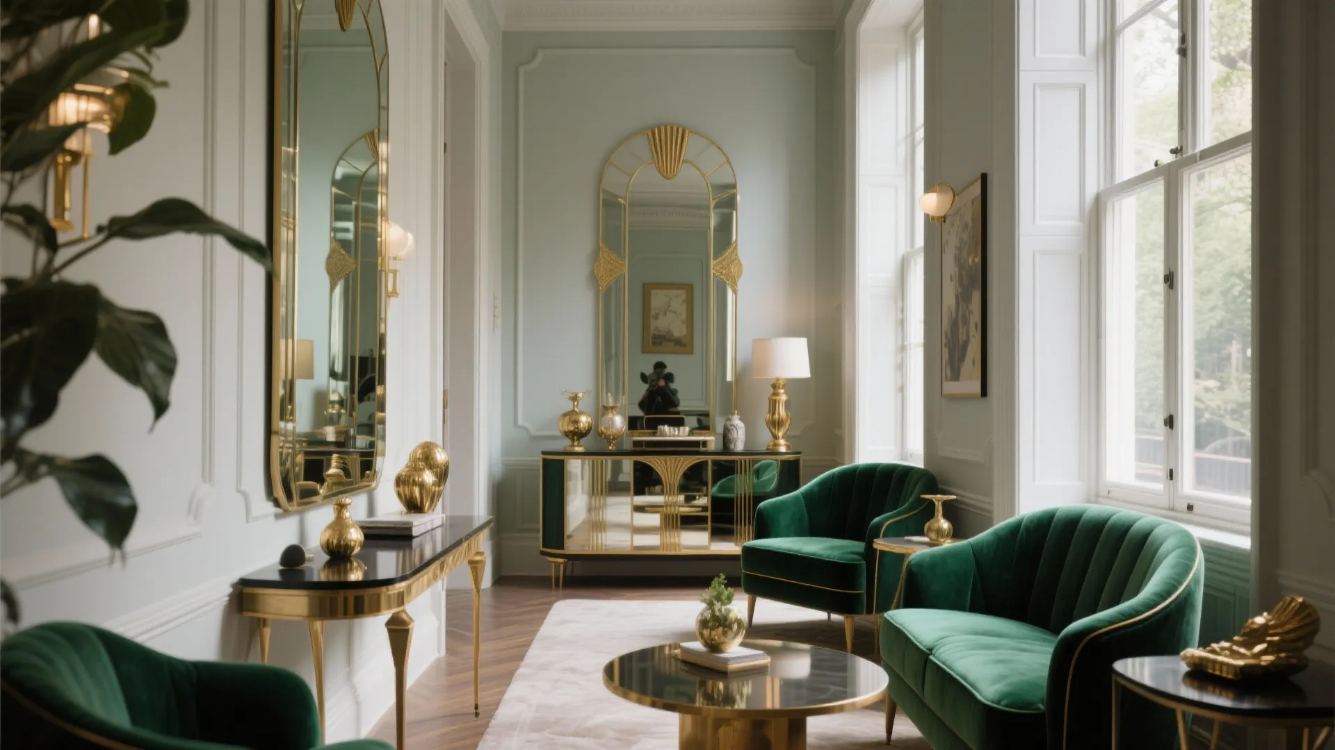 Green velvet armchairs near a gold mirrored cabinet with large mirrors and light green walls