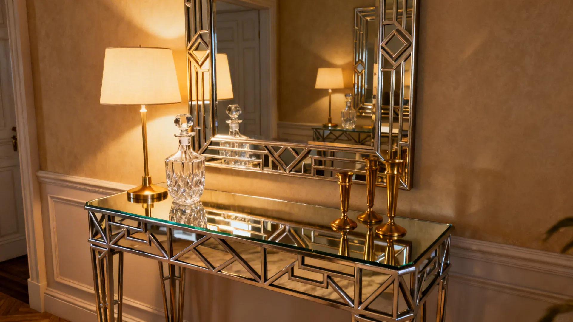 Art Deco mirrored console table with a rectangular mirror, creating glamorous reflections.