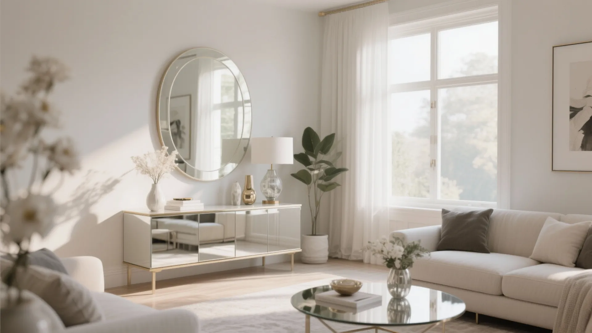 Mirrored console reflecting window light in bright living room