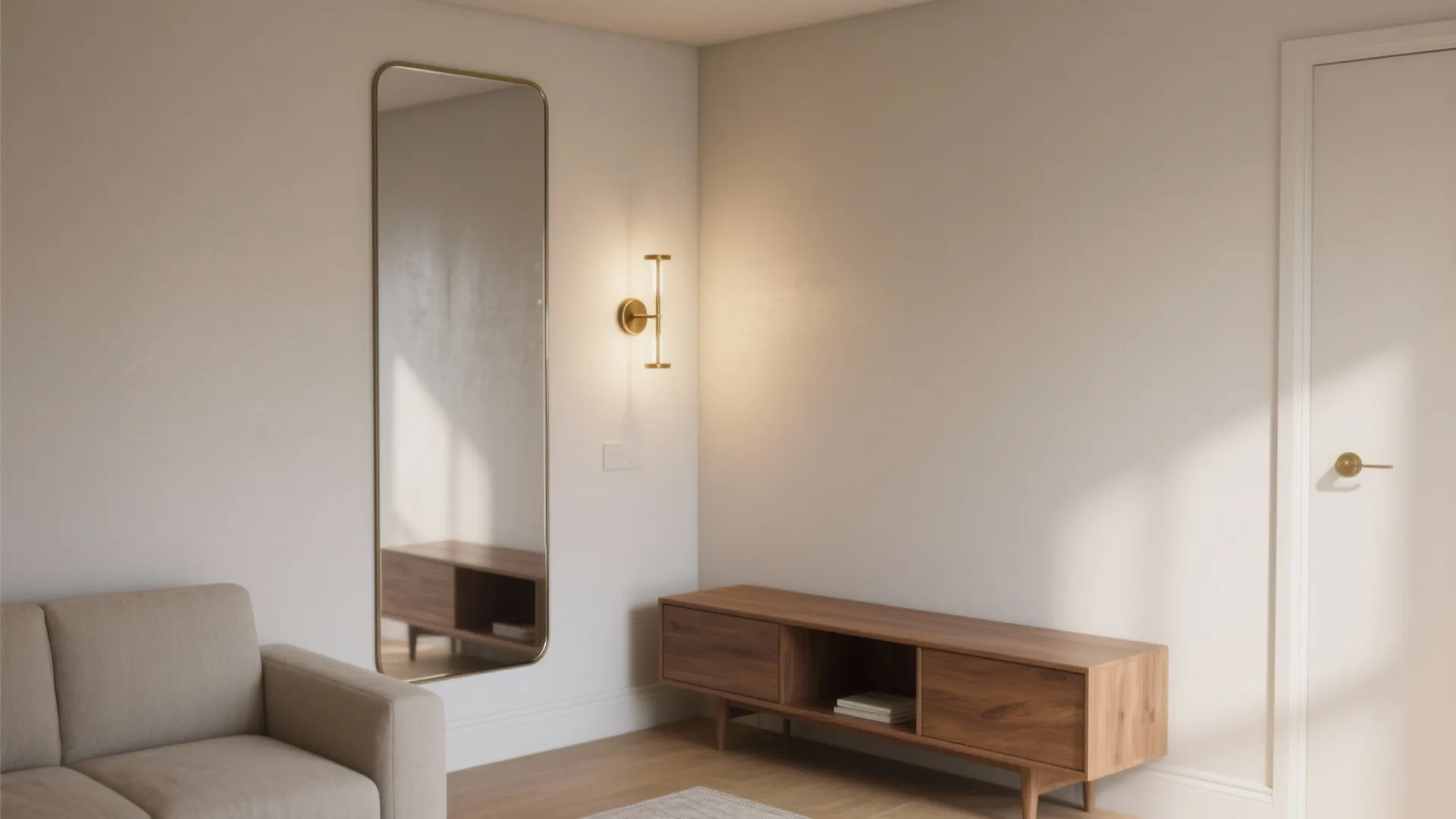 Living room corner with wooden cabinet tall wall mirror gold wall light and beige sofa