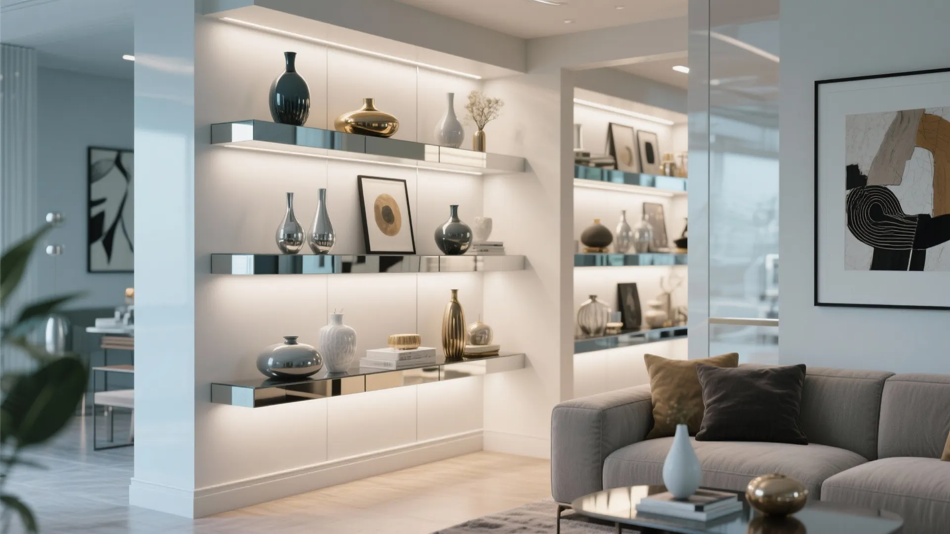 7. Mirrored Corner Shelving