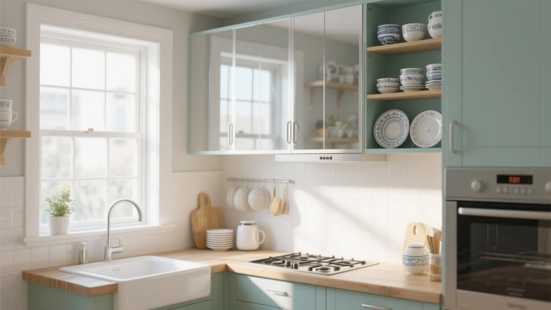 Bright kitchen with glass cabinet doors white farmhouse sink wood counters and blue patterned plates