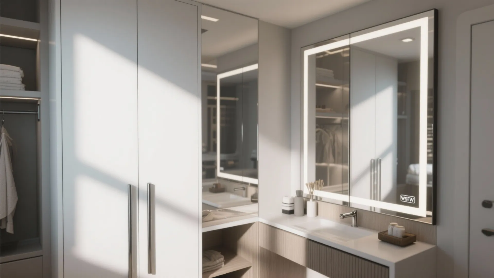 Modern bathroom with white cabinets a large lit mirror wooden vanity and a small sink