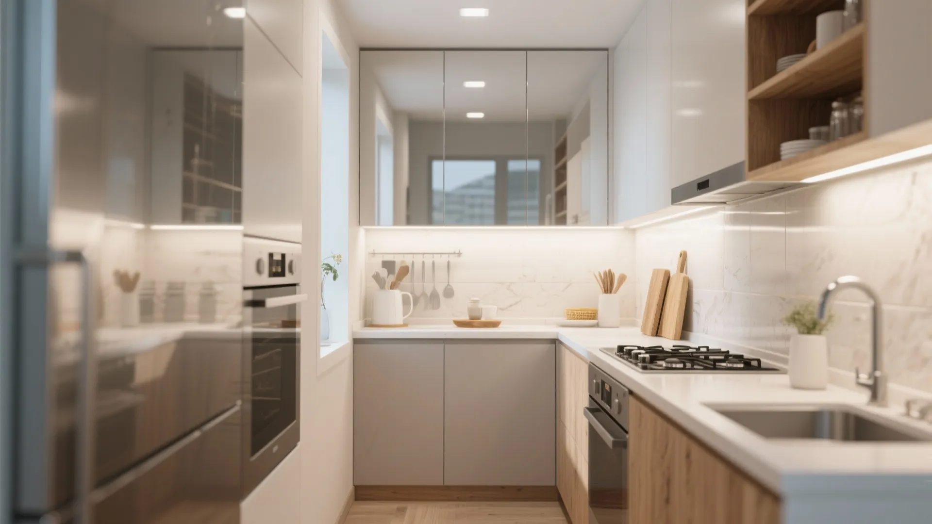 Mirrored cupboard fronts reflecting light in a small kitchen