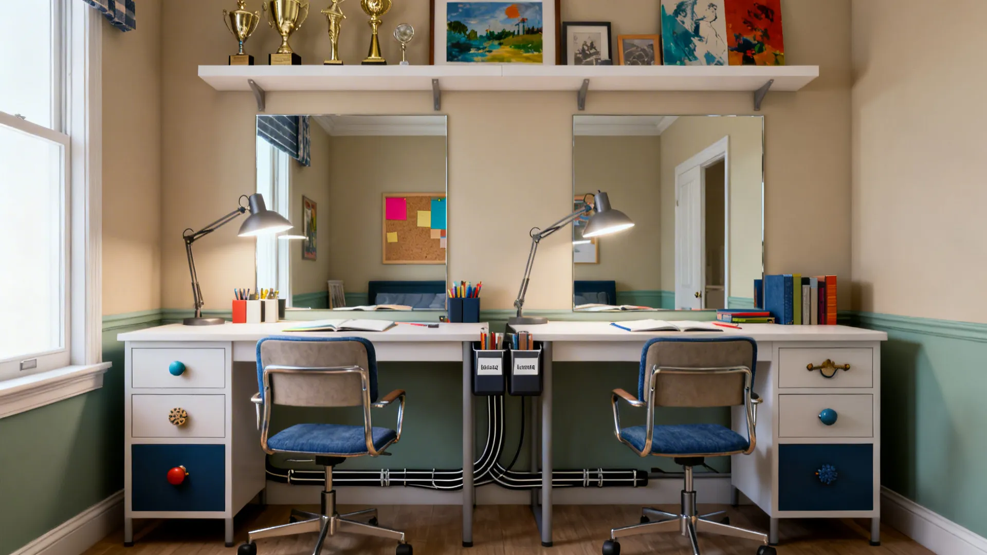 Mirrored twin desks under a long shelf with task lamps and corkboards for siblings.