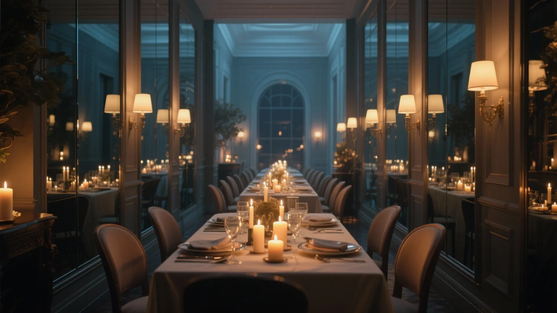 Full-length mirror in dining hall reflecting candlelight