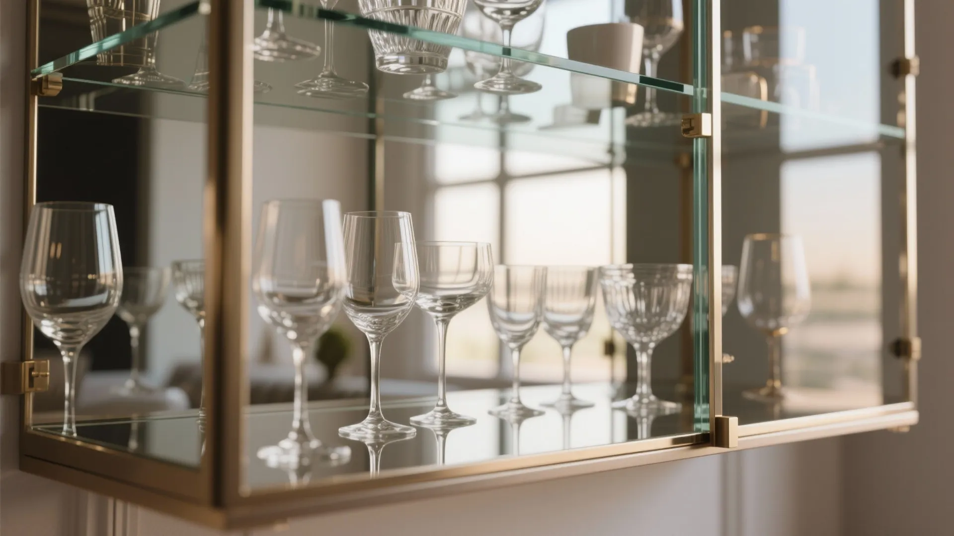 Glass cabinet shelves with gold frame holding various wine glasses and cocktail glasses in room