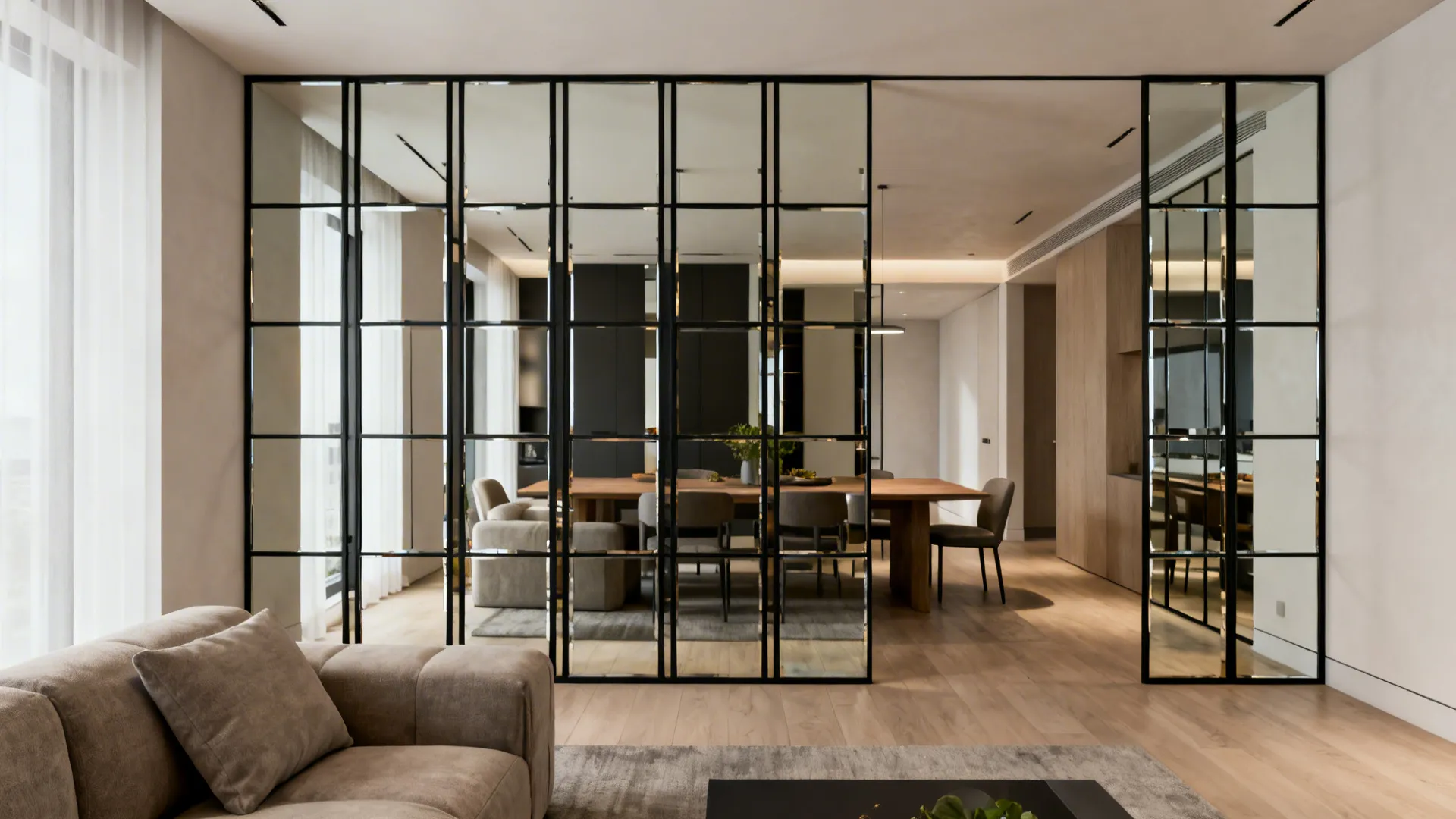 Open-plan living area with a slim mirrored screen dividing seating and dining while preserving sightlines.