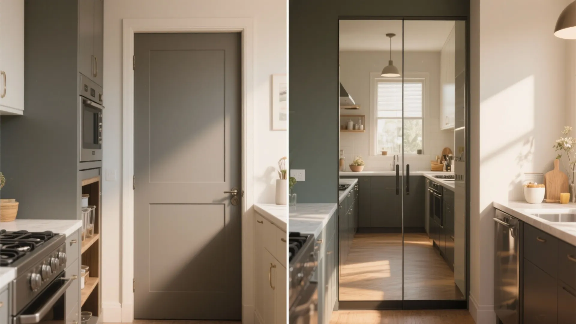 Before and after comparison of a solid grey kitchen door versus a new mirrored door