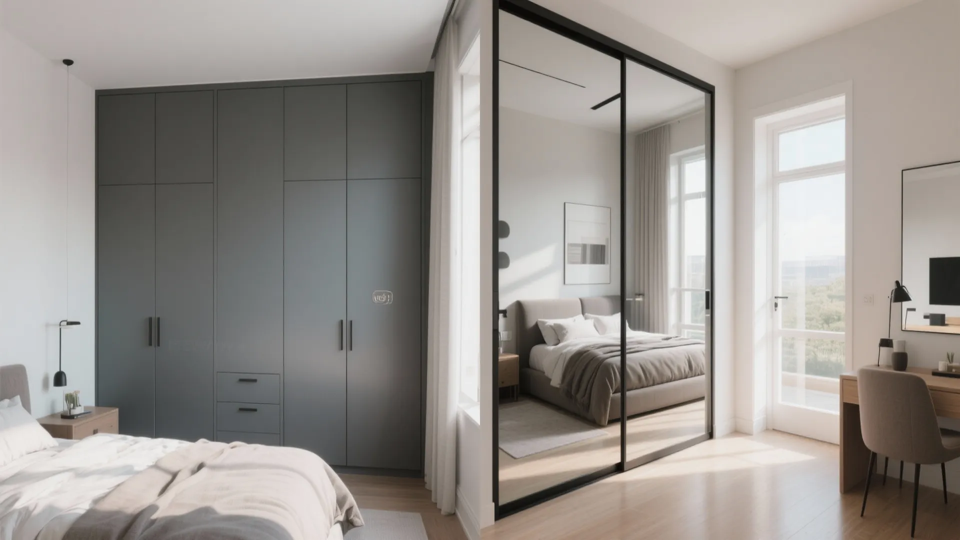 Comparison of a bedroom closet showing grey solid doors versus bright mirrored sliding closet doors