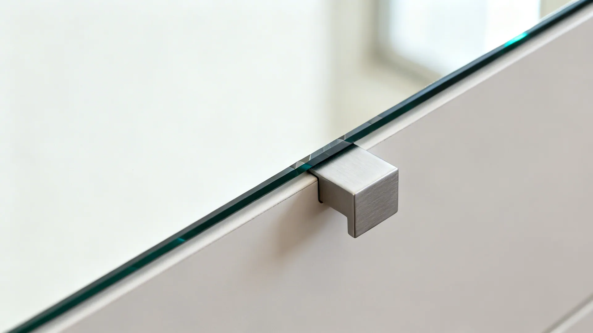 Macro of mirrored cabinet door with slim edge pull and soft-close hinge detail.